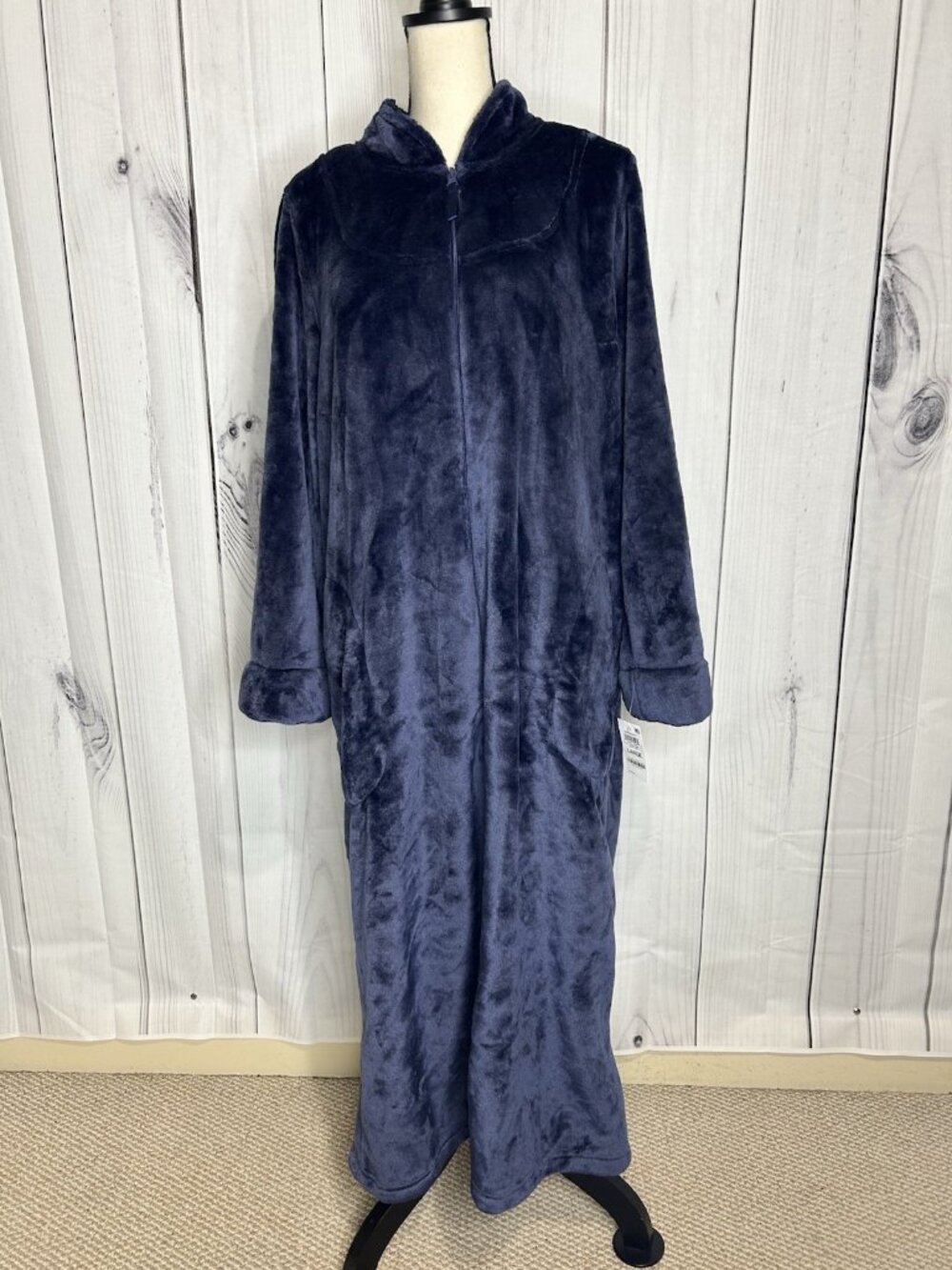 NWT Charter Club Intimates Long Plush Robe Front Zip Housecoat Navy Blue Sz L